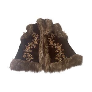 Velvet vest with fur trim and gold embroidered soutache and gold gems, INC